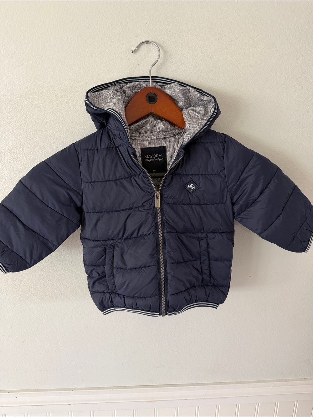 Mayoral Navy Hooded Puffer Jacket for infant size 9 months